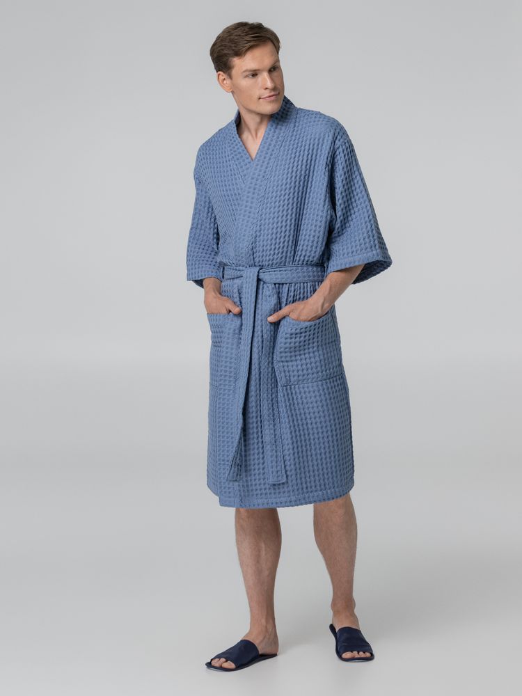 Халат вафельный мужской Boho Kimono, синий, размер XL (52-54) оптом под нанесение