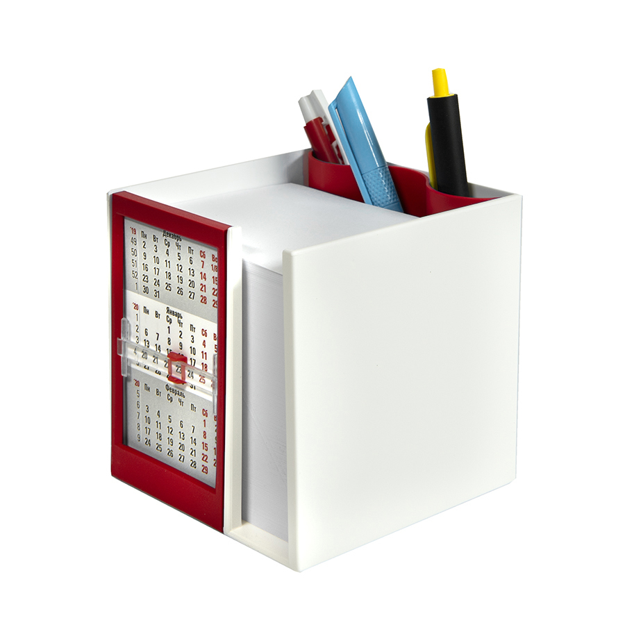 Календарь настольный  на 2 года с кубариком; белый с красным; 11х10х10 см; пластик заказать под нанесение логотипа