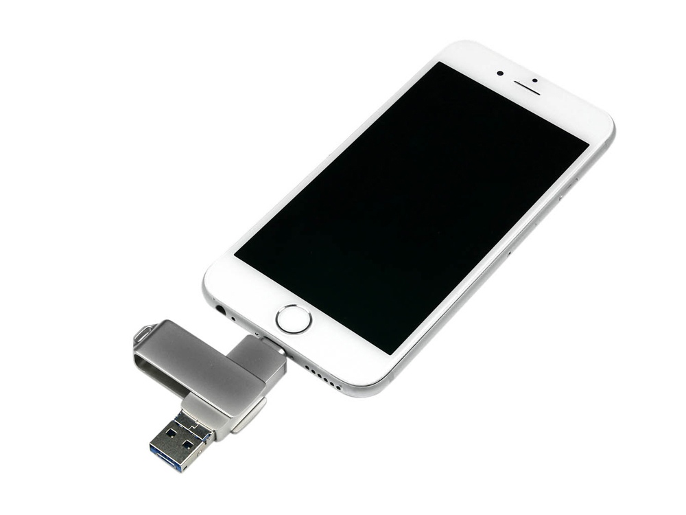 USB 3.0/micro USB/Lightning- флешка на 64 Гб с поворотным механизмом оптом под нанесение