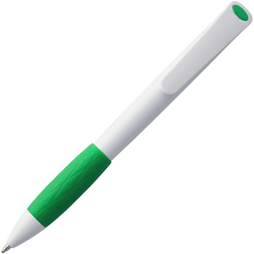Ручка шариковая Grip, белая с зеленым на заказ с логотипом компании