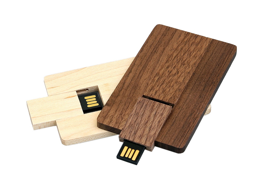 USB 2.0- флешка на 16 Гб в виде деревянной карточки с выдвижным механизмом на заказ с логотипом компании