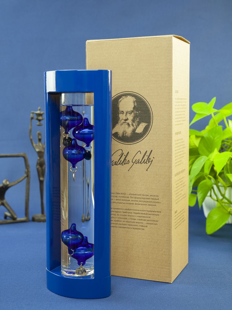 Термометр «Галилео» в деревянном корпусе, синий оптом под нанесение