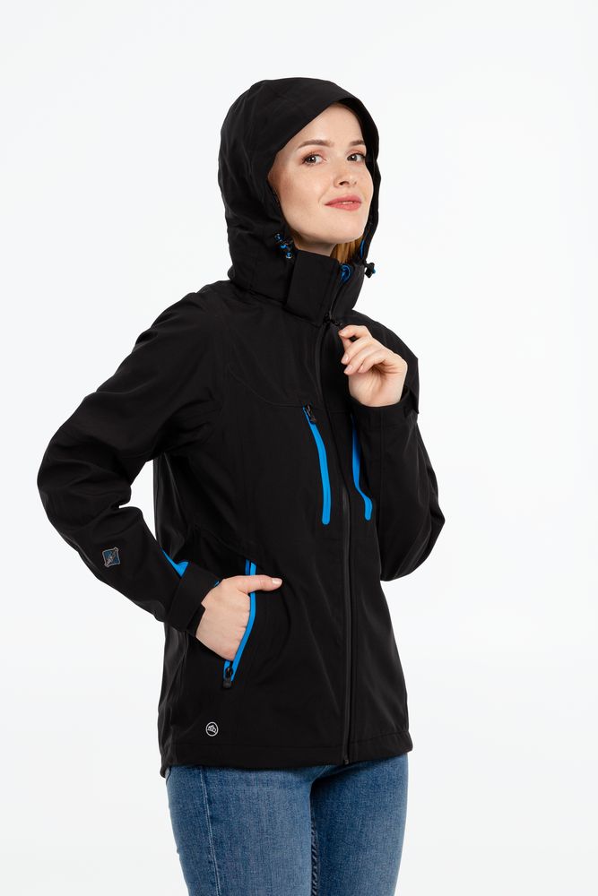 Куртка софтшелл женская Patrol черная с синим, размер XS на заказ с логотипом компании
