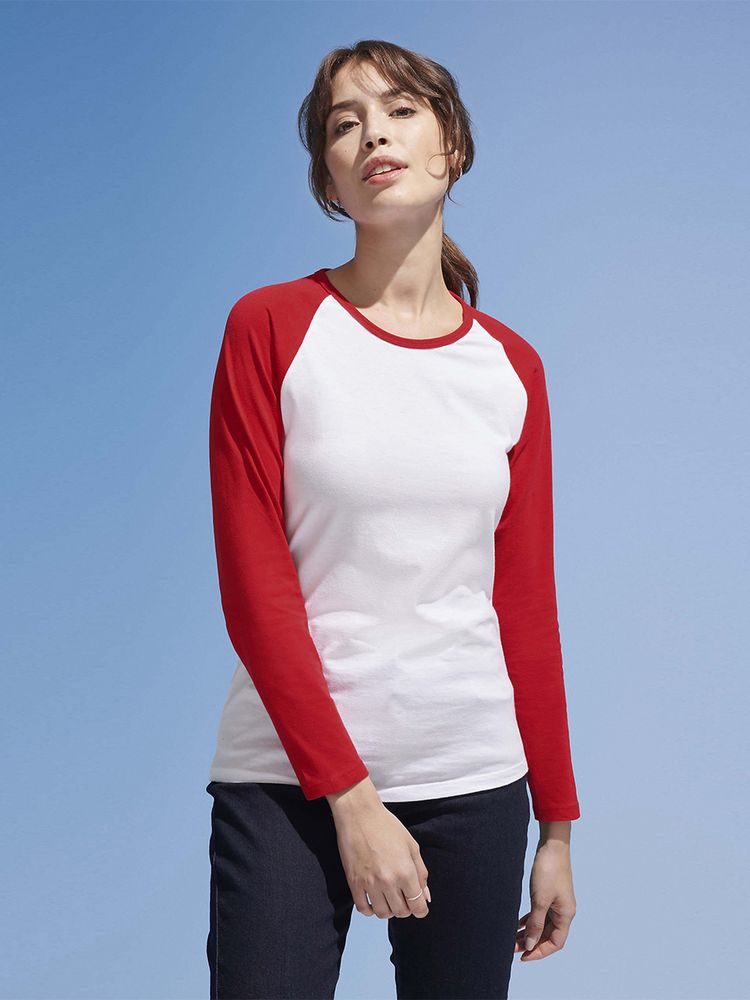 Футболка женская с длинным рукавом Milky LSL белая с красным, размер XXL на заказ с логотипом компании