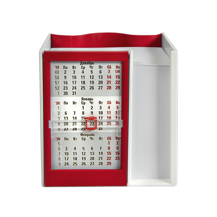 Календарь настольный  на 2 года с кубариком; белый с красным; 11х10х10 см; пластик с нанесением логотипа в Москве